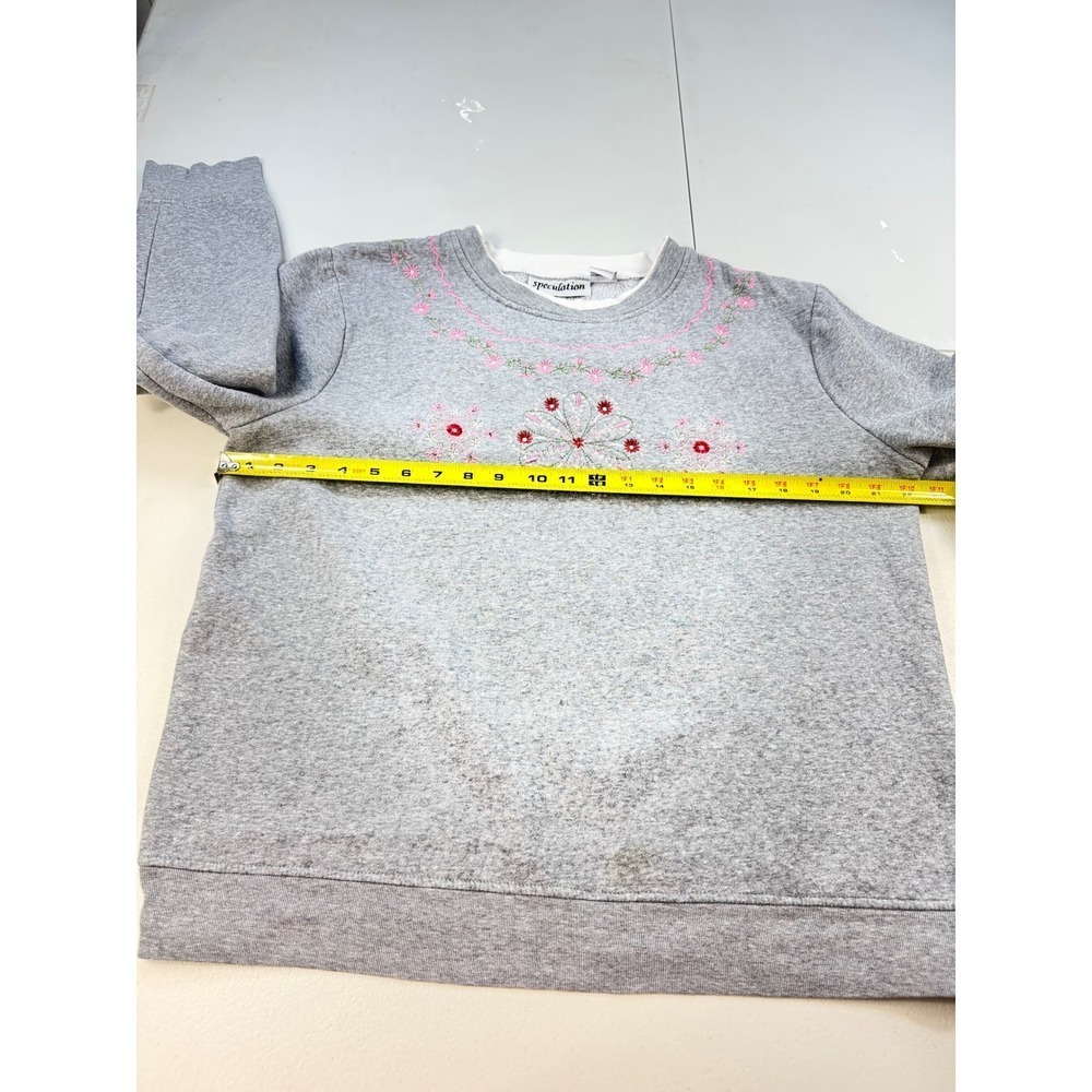 Speculation Womens Sweatshirt M Gray Pink Floral Embroidered Crewneck Pullover - Picture 3 of 7
